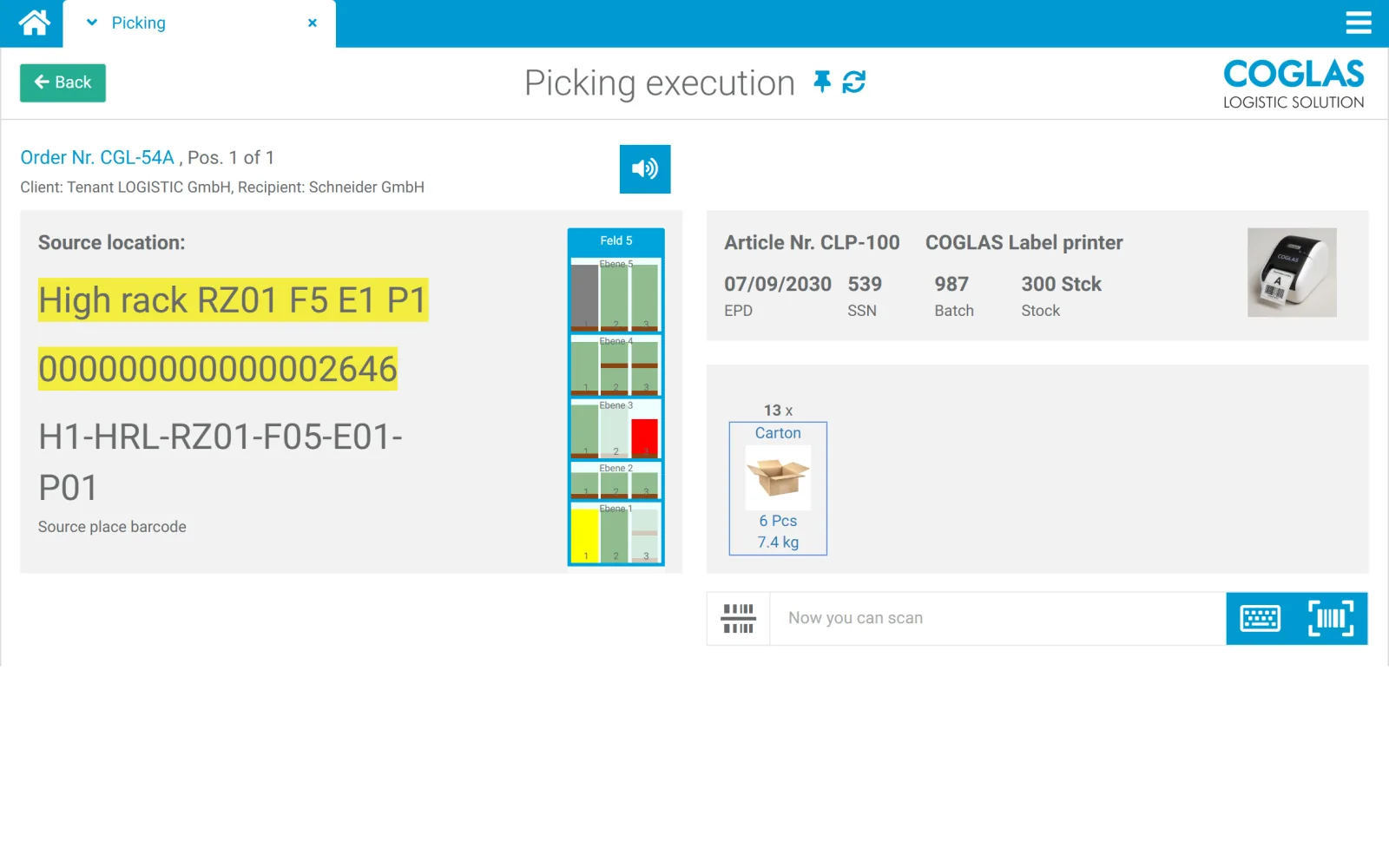 COGLAS WEB WMS picking: picking execution with source location, article, quantity and scan field
