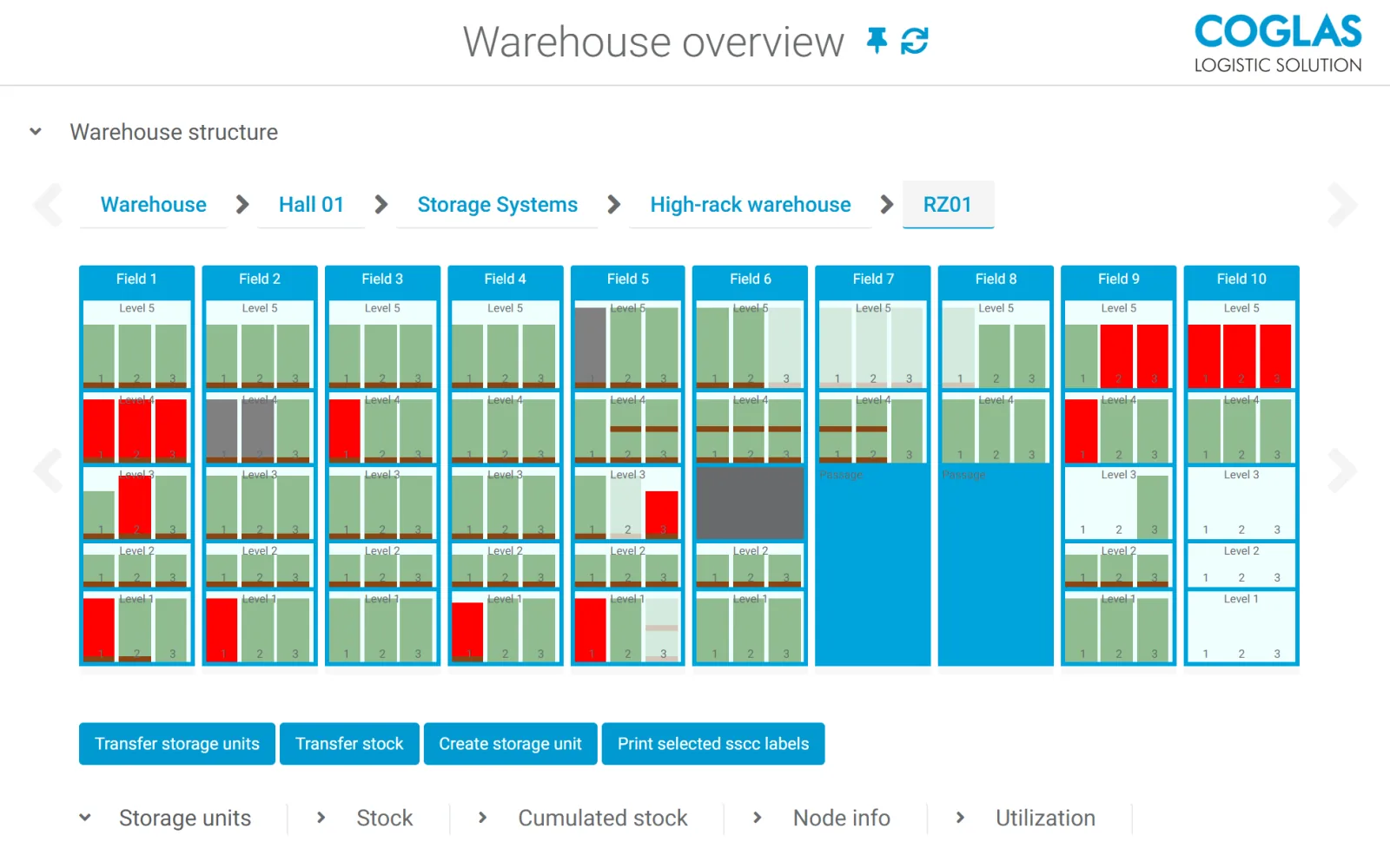 COGLAS WEB WMS warehouse overview: visual occupancy of storage locations across fields and levels