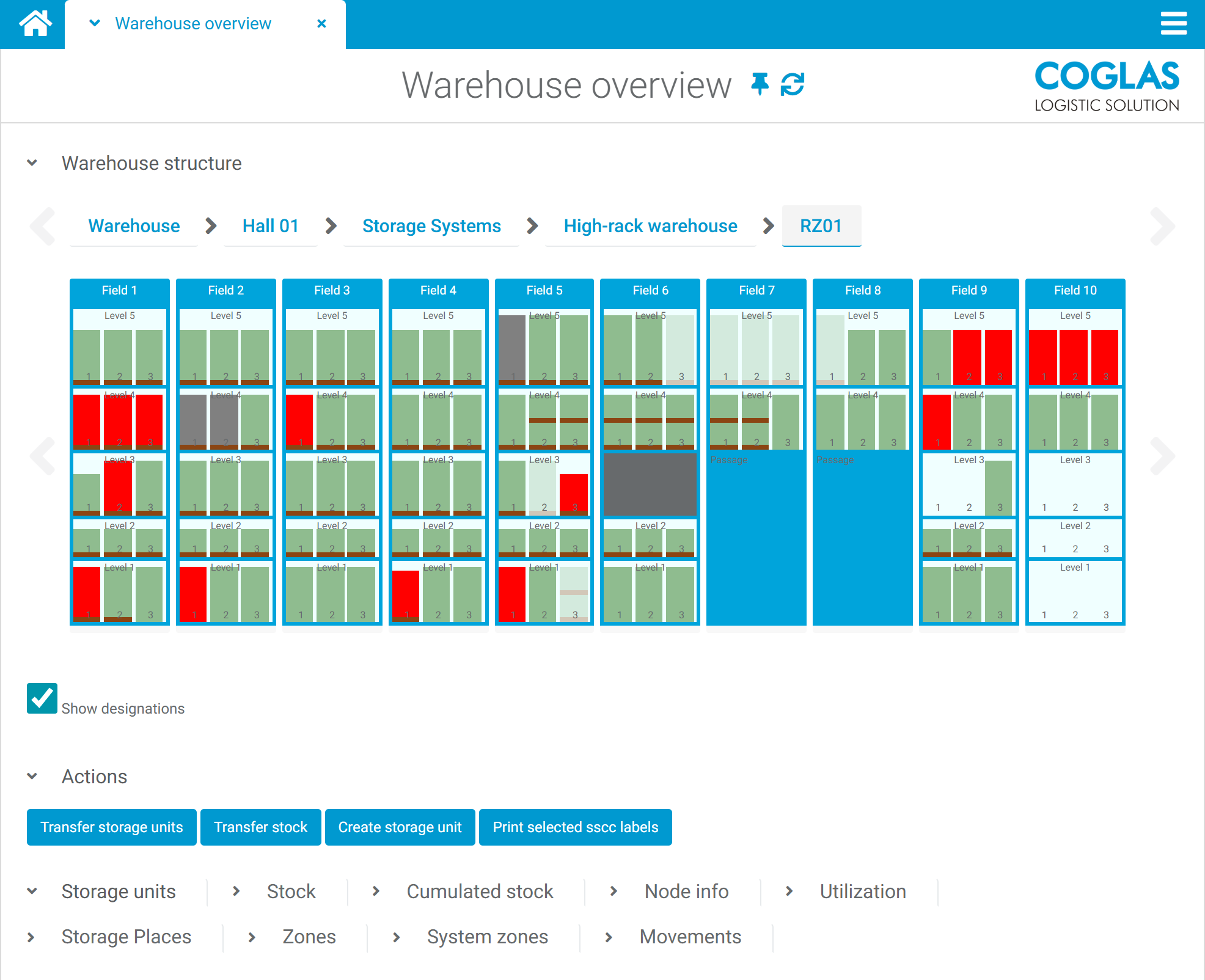 COGLAS WEB WMS warehouse overview: visual occupancy of storage locations across fields and levels