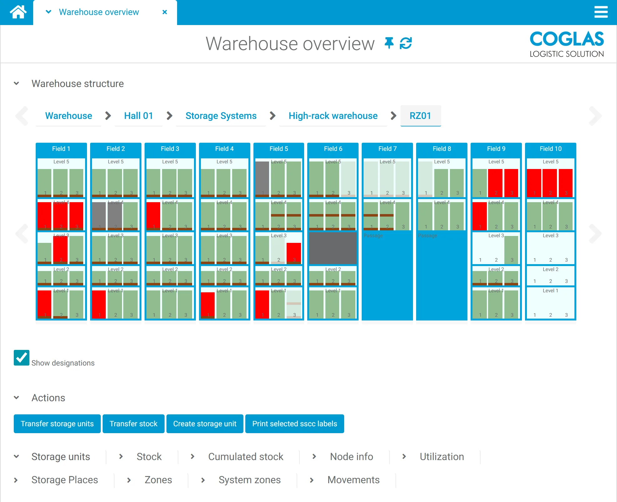 COGLAS WEB WMS warehouse overview with stock levels, storage locations and movements