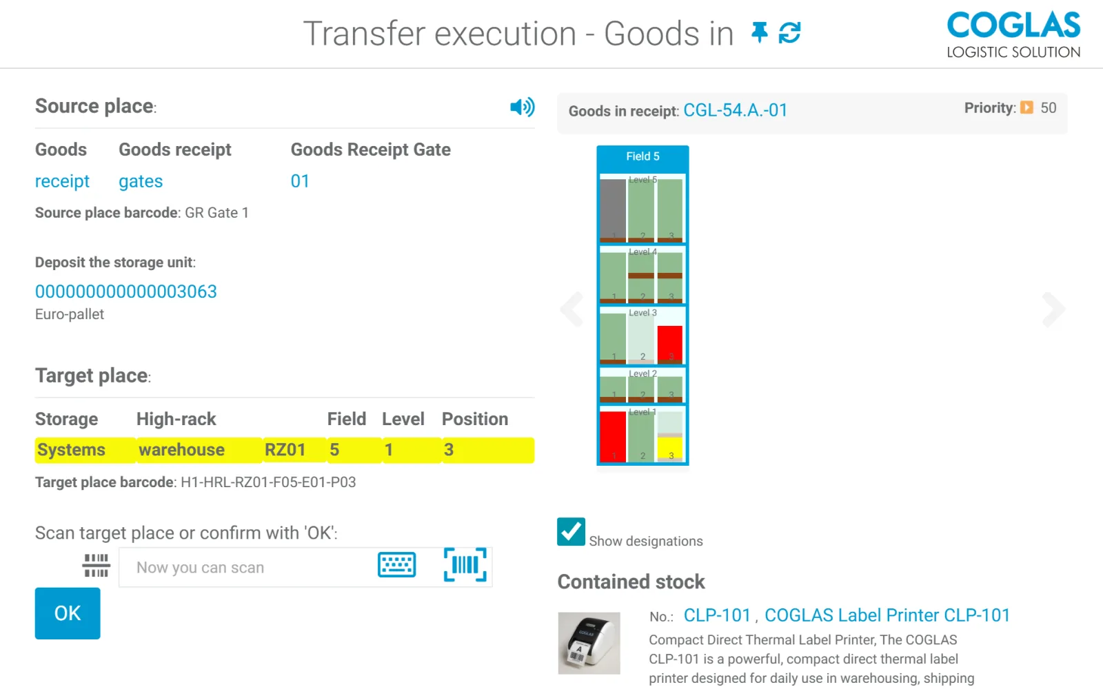 COGLAS WEB WMS transfer execution for goods in: source and target location with scan confirmation and location view
