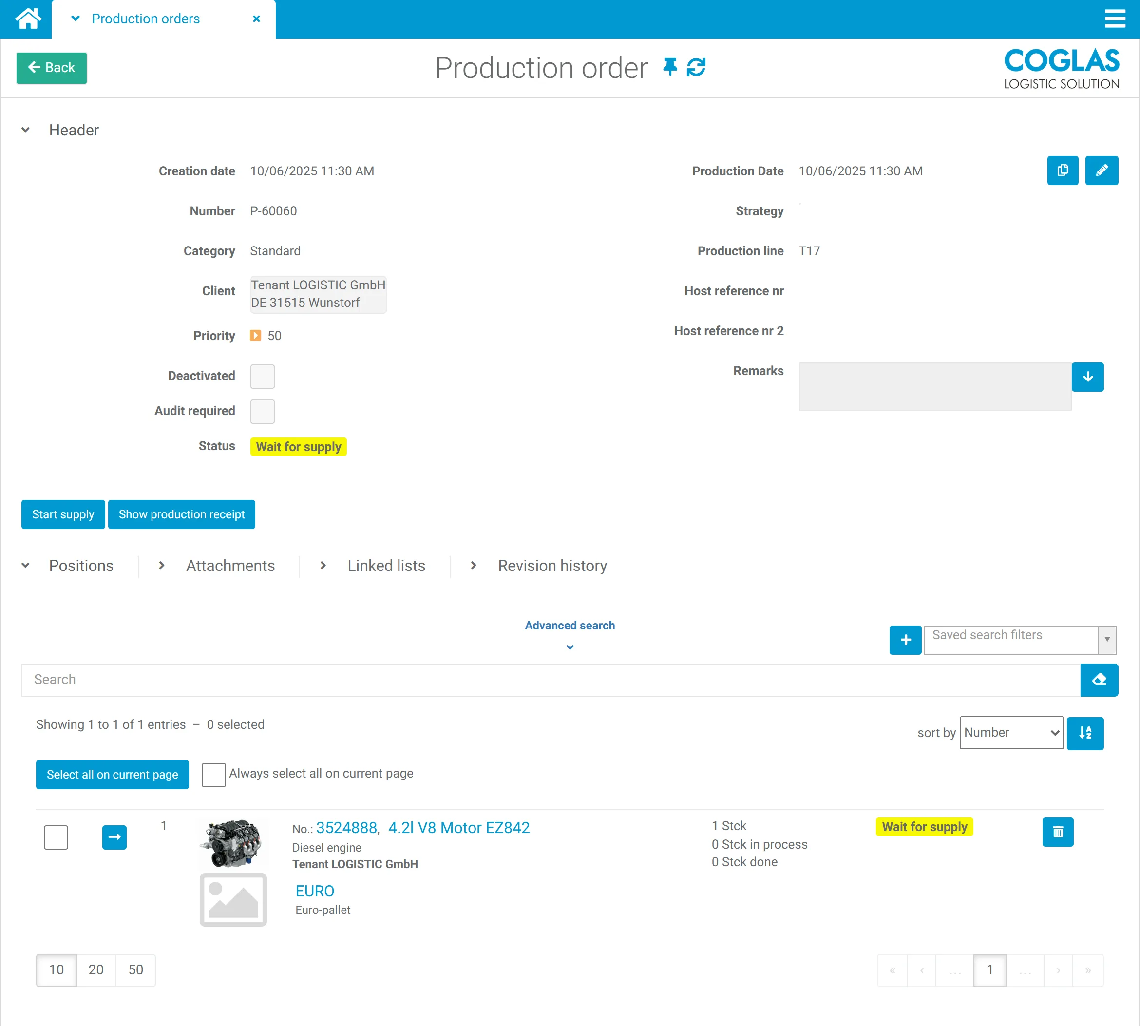 COGLAS WEB WMS production order with material demand, staging and confirmation