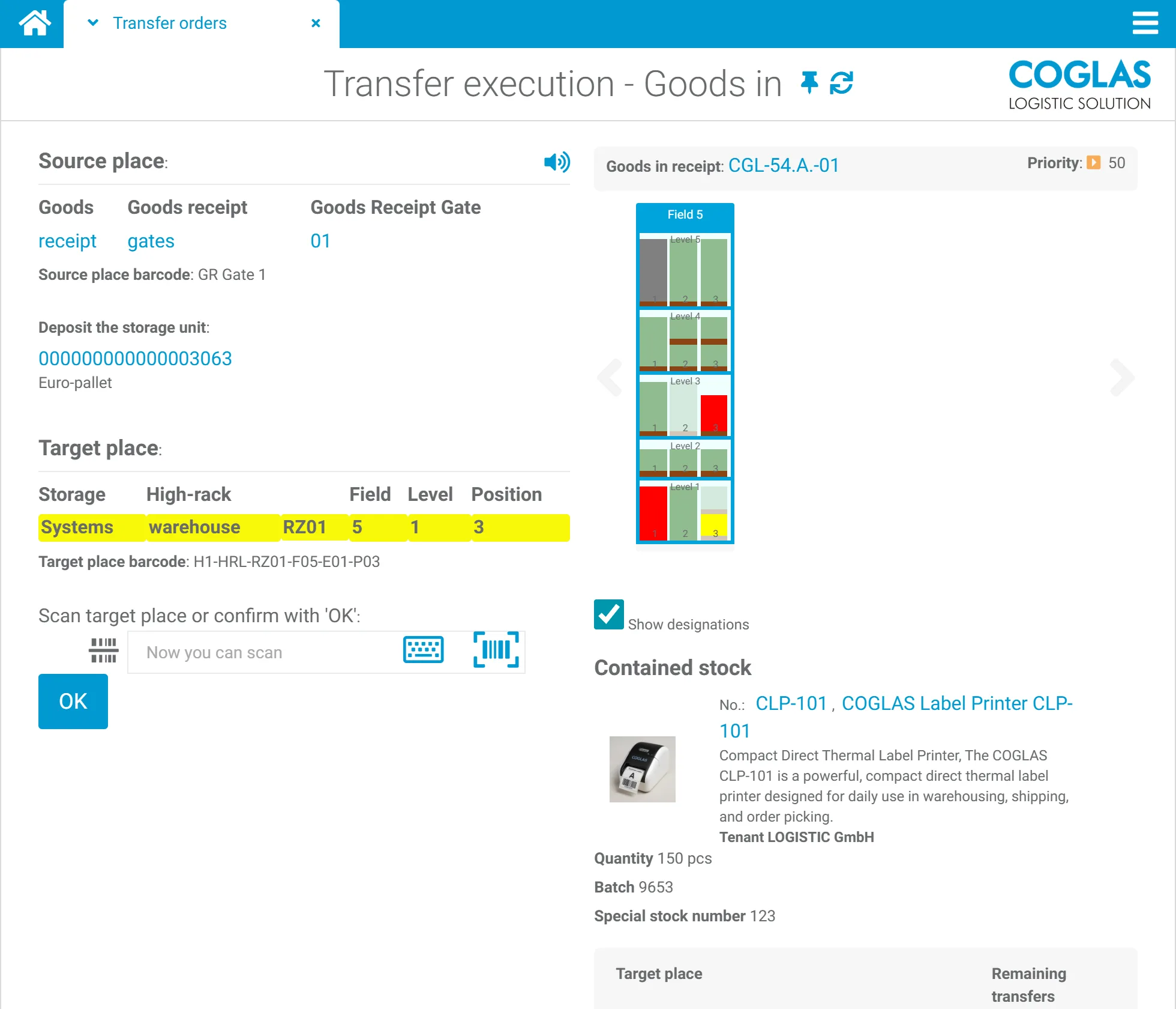 COGLAS WEB WMS material flow: transport and putaway control with transport orders
