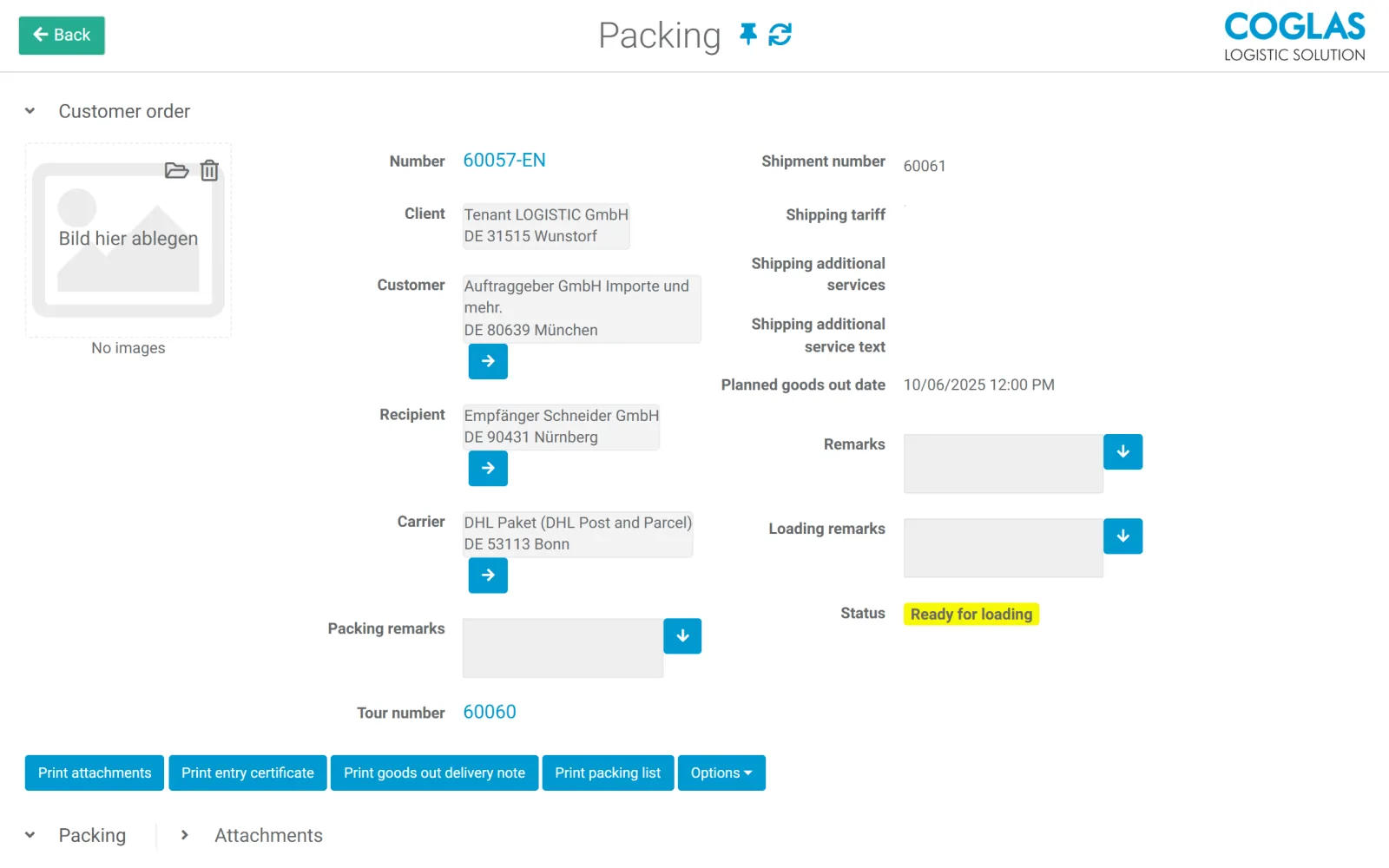 COGLAS WEB WMS packing: customer order with client, recipient, carrier, status and printing of shipping documents
