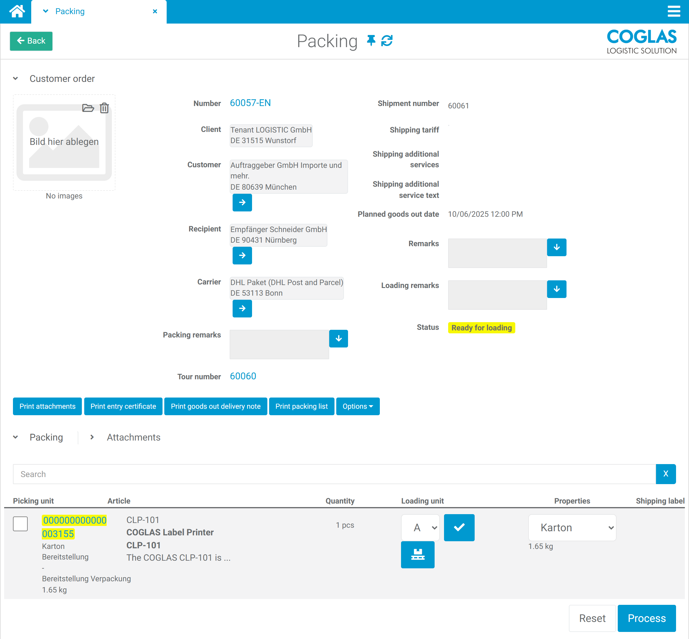 COGLAS WEB WMS shipping and packing: packing process, labels and carrier handover