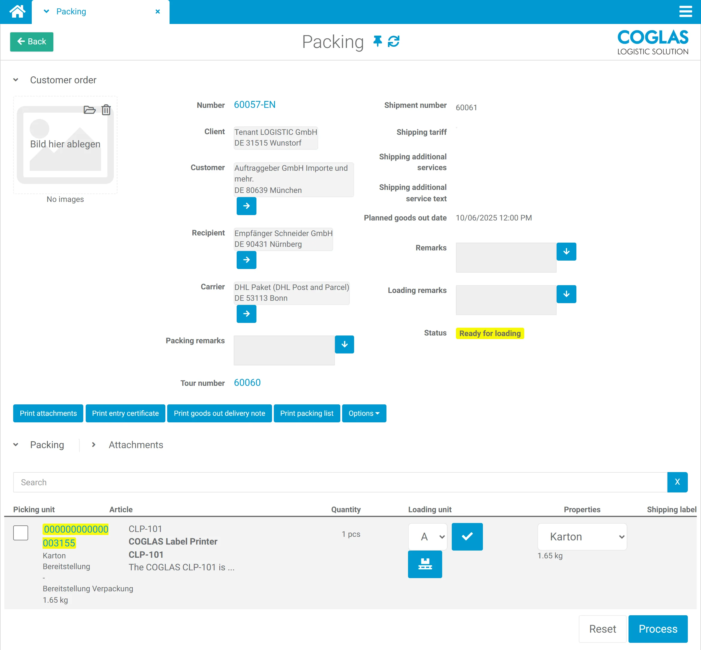 COGLAS WEB WMS shipping: outbound handling with shipping documents and carrier integration