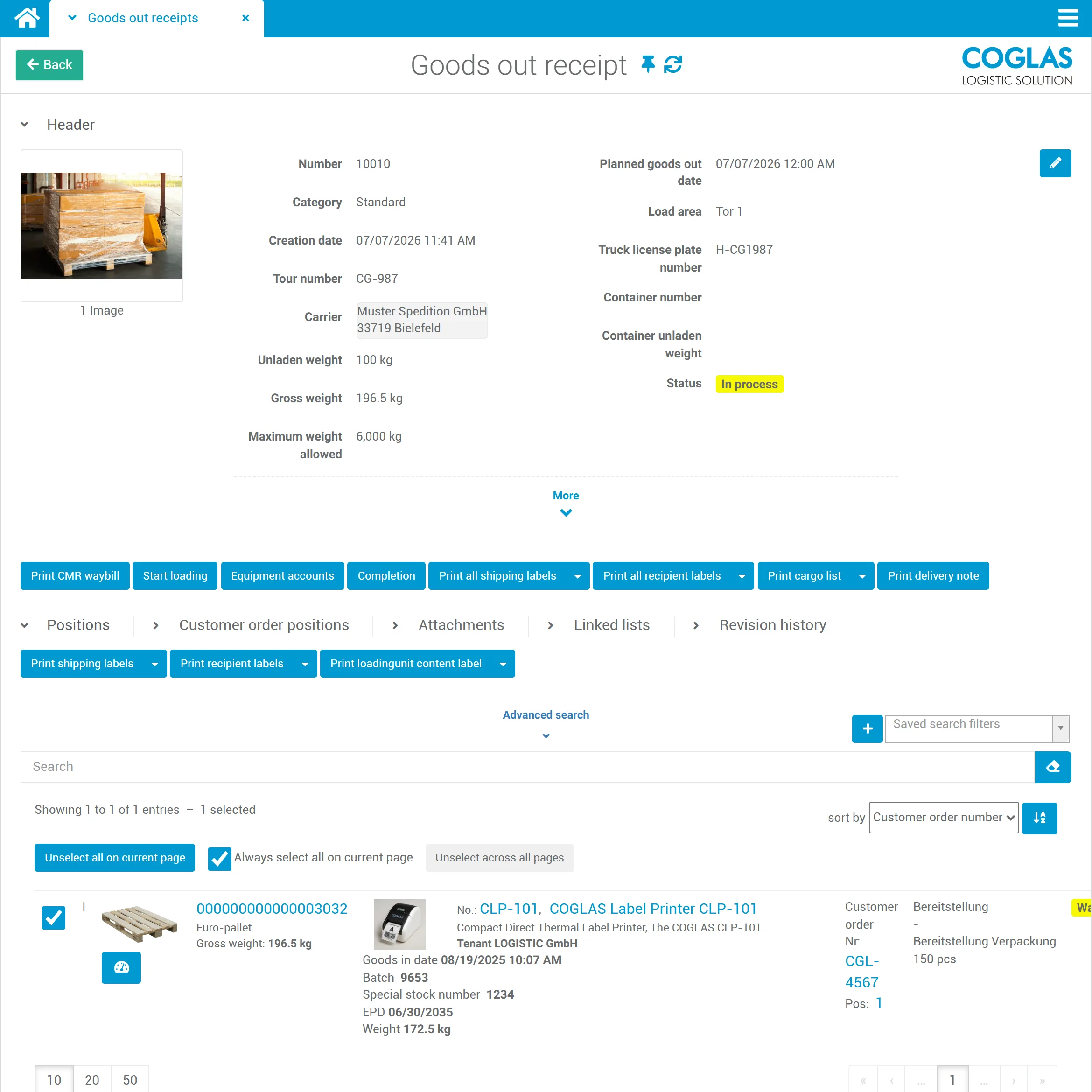 COGLAS WEB WMS outbound handling: header data, line items and shipping preparation in the cockpit