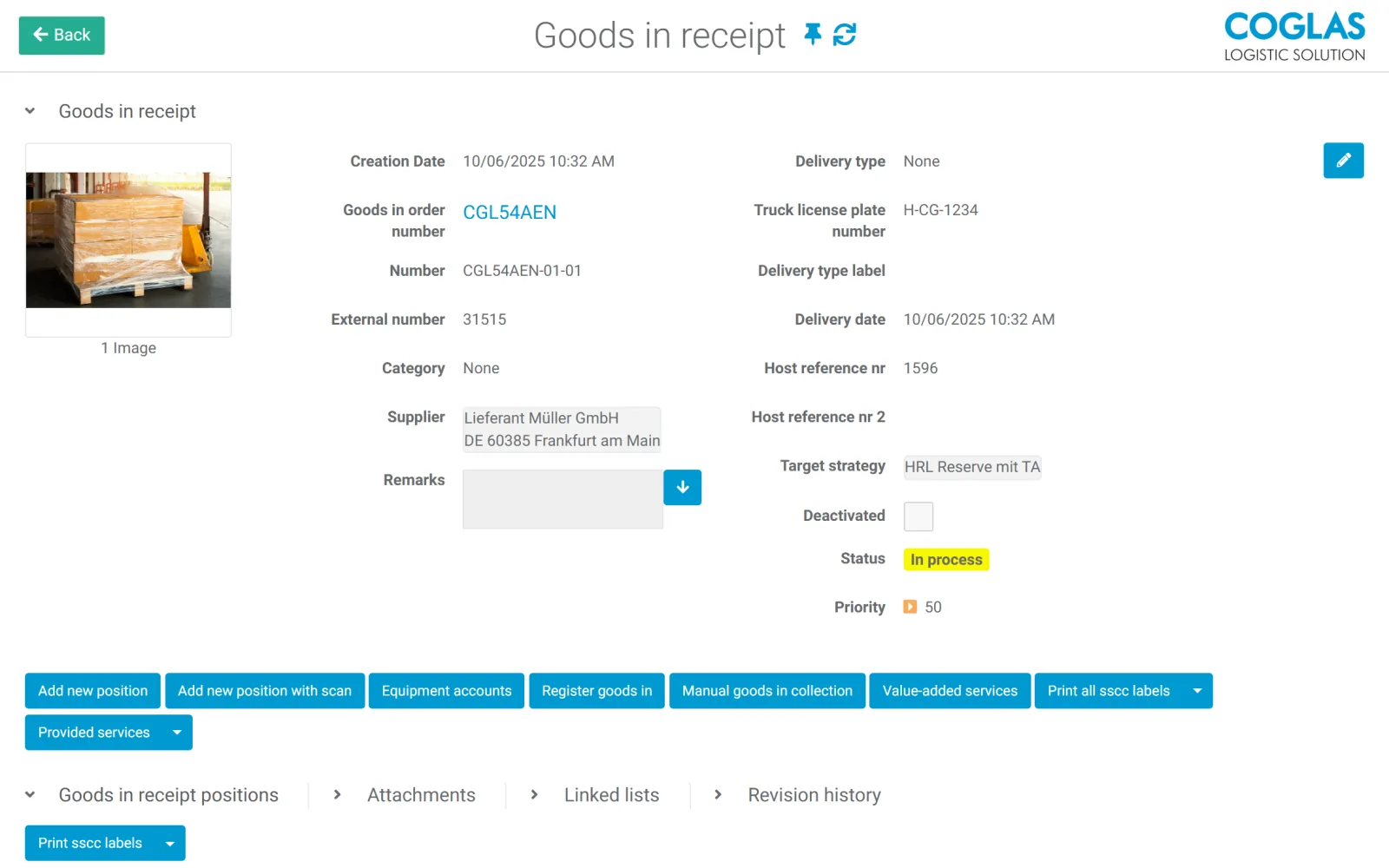 COGLAS WEB WMS goods in receipt with order, supplier, status and action bar
