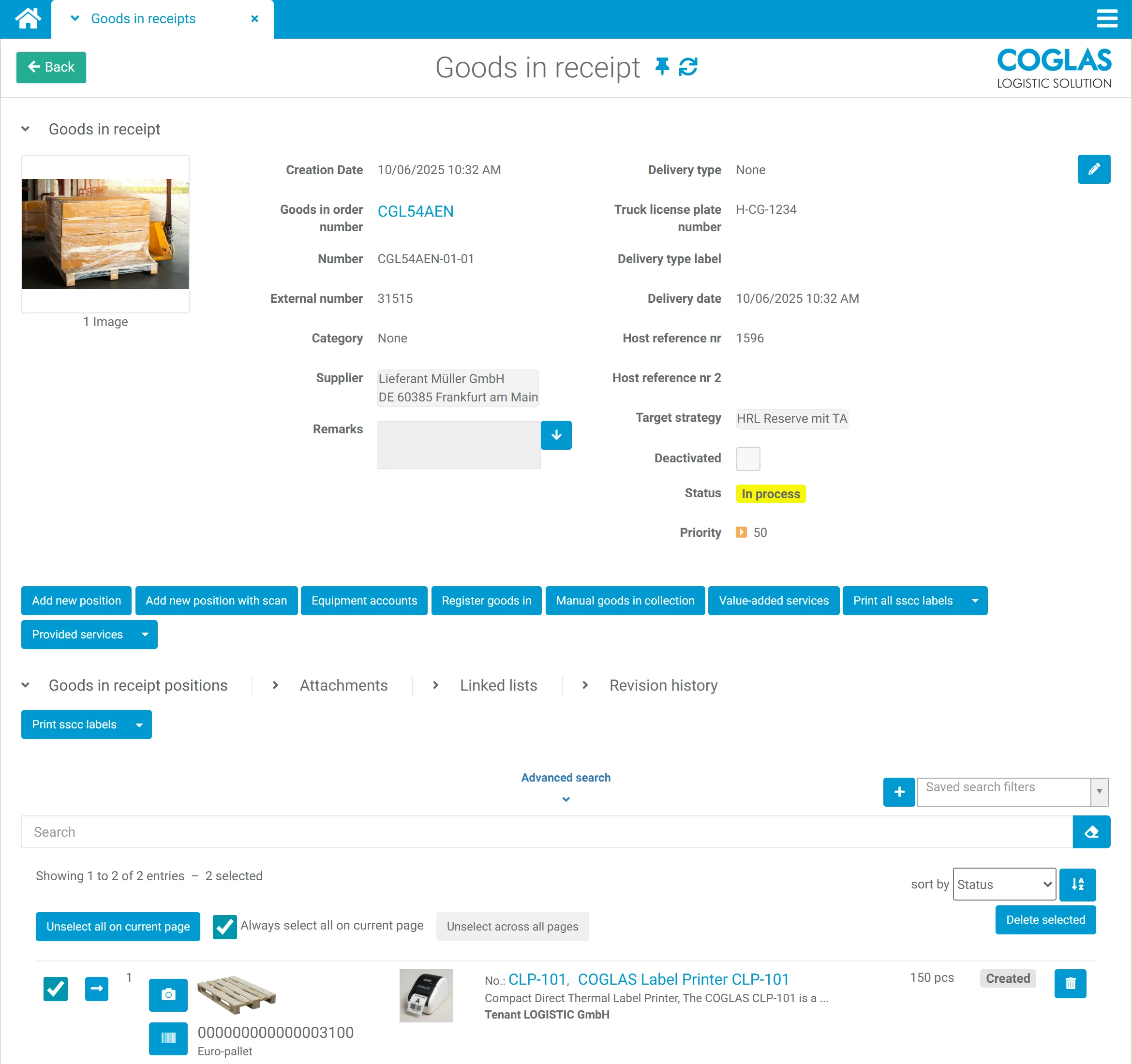 COGLAS WEB WMS goods receipt: ASN, delivery note, inspection and put-away in the cockpit