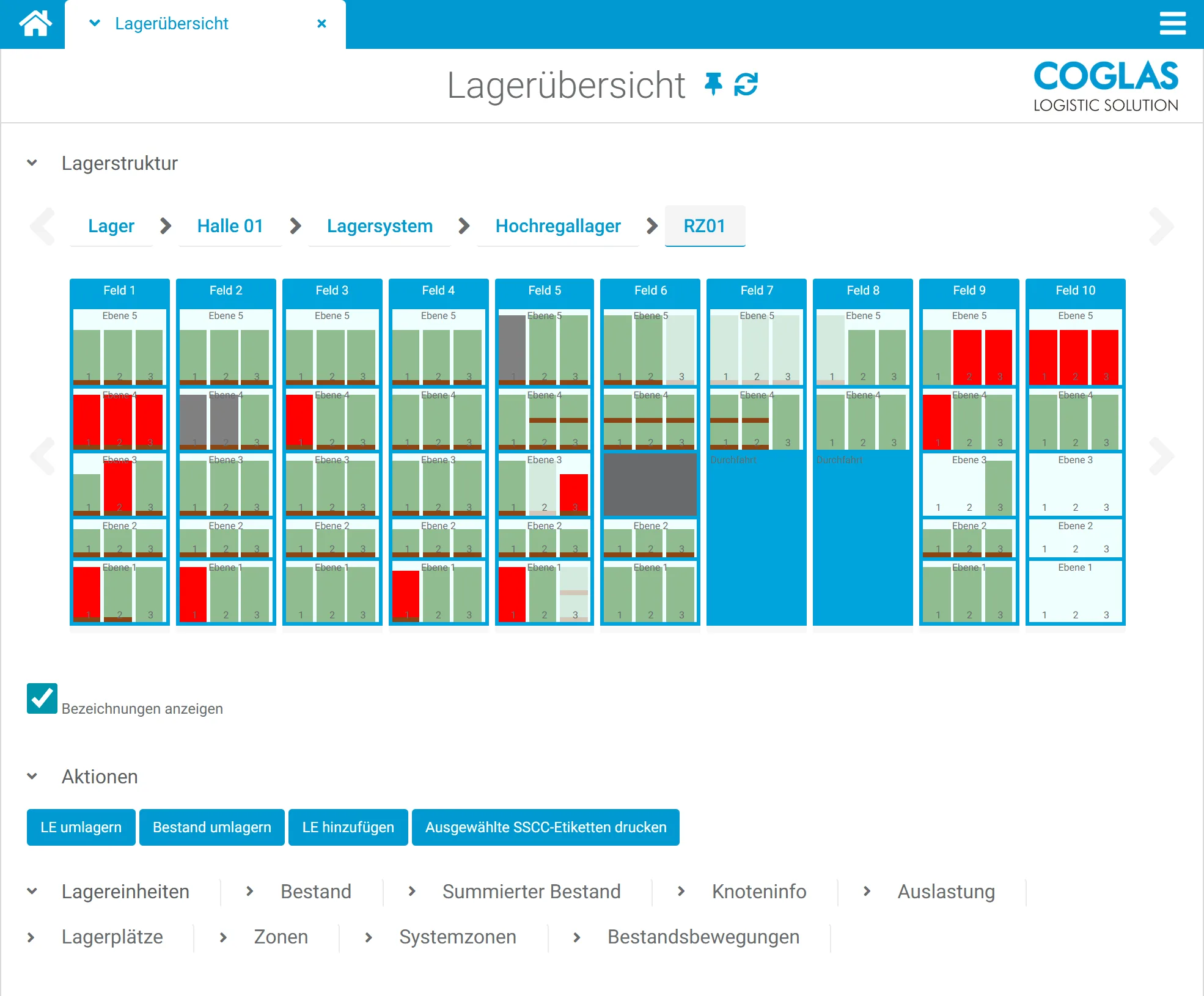COGLAS WEB WMS Lagerübersicht: visuelle Belegung der Lagerplätze über Felder und Ebenen