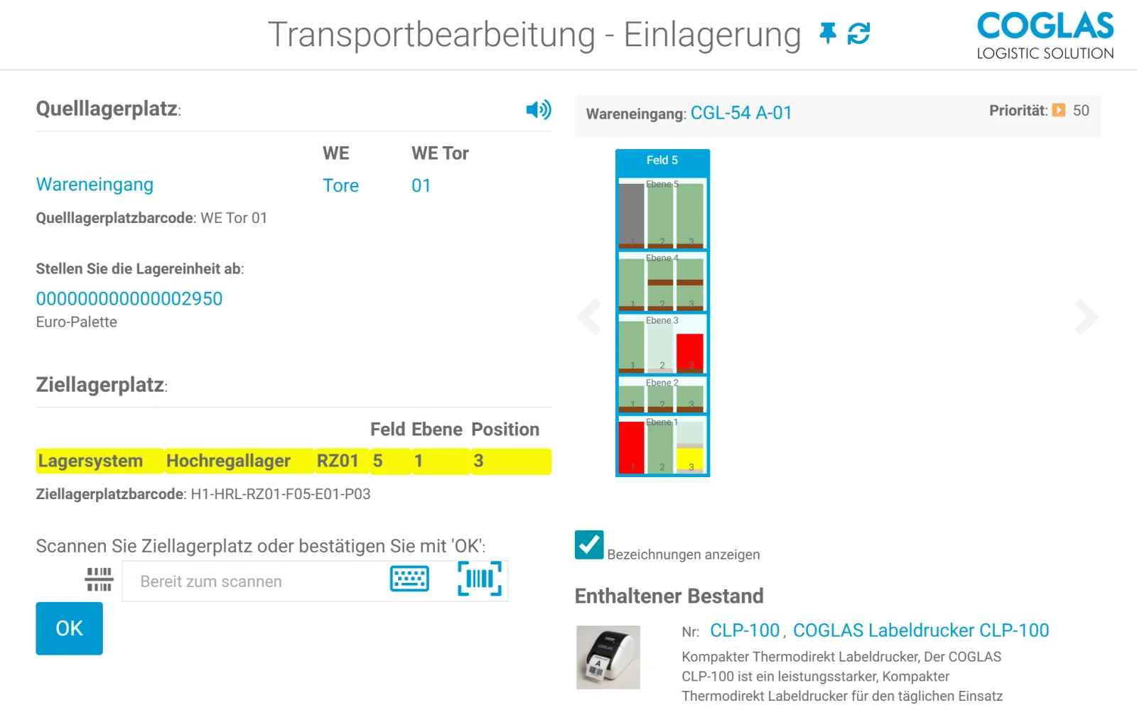 COGLAS WEB WMS Transportbearbeitung Einlagerung: Quell- und Ziellagerplatz mit Scan-Bestätigung und Platzansicht