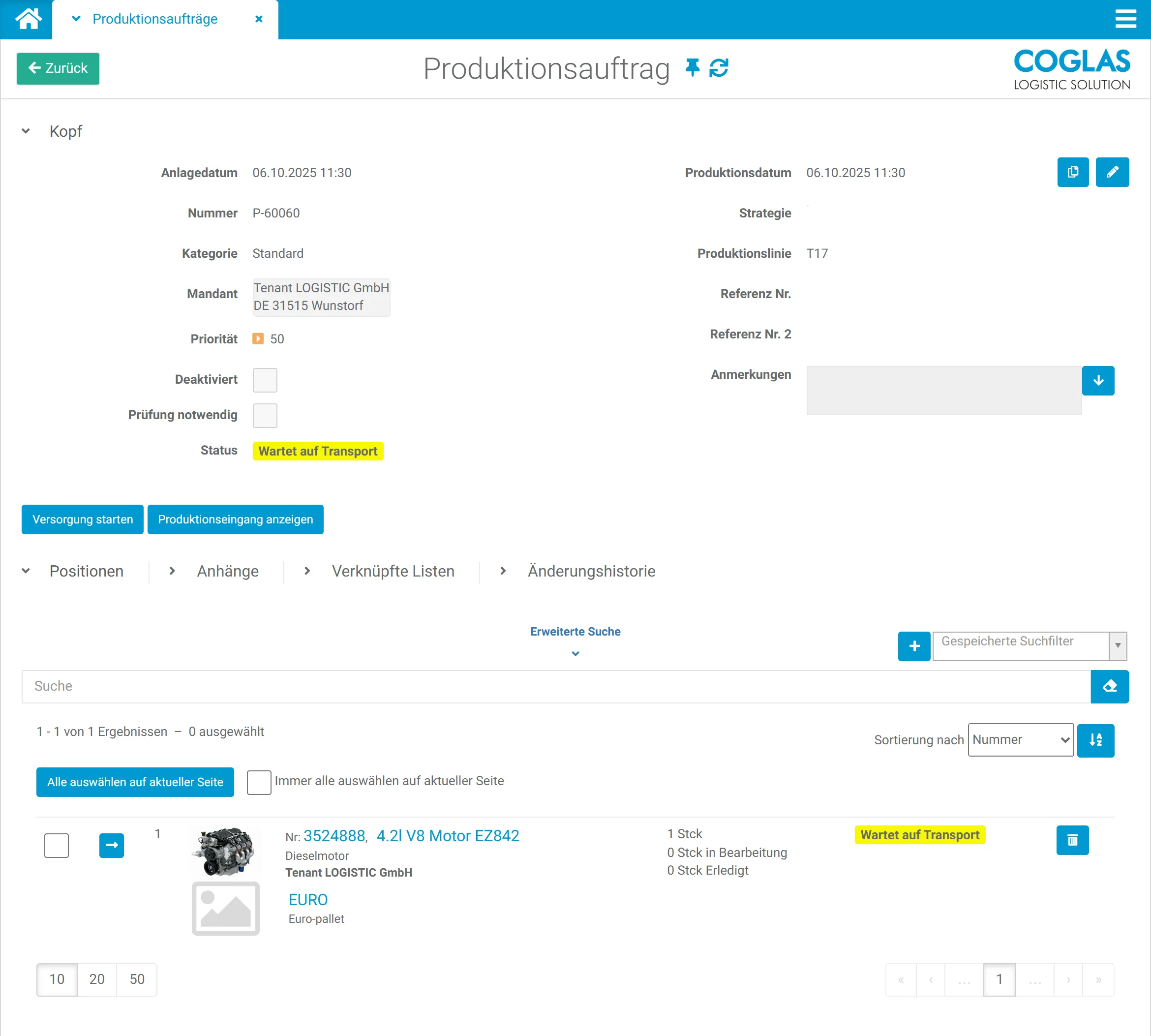 COGLAS WEB WMS Produktionsauftrag mit Materialbedarf, Bereitstellung und Rückmeldung