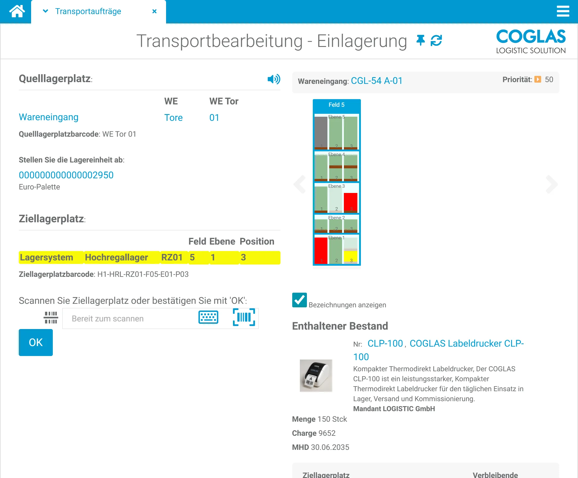 COGLAS WEB WMS Materialfluss: Transport- und Einlagerungssteuerung mit Fahrbefehlen