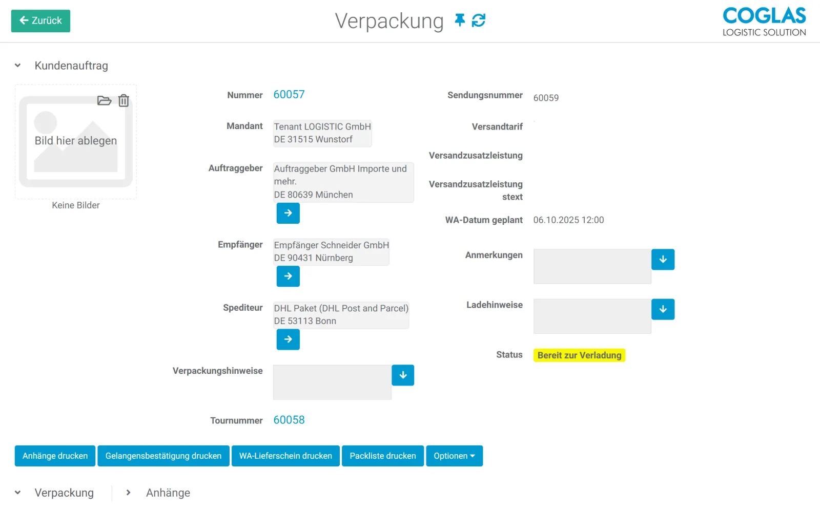 COGLAS WEB WMS Verpackung: Kundenauftrag mit Mandant, Empfänger, Spediteur, Status und Druck der Versanddokumente