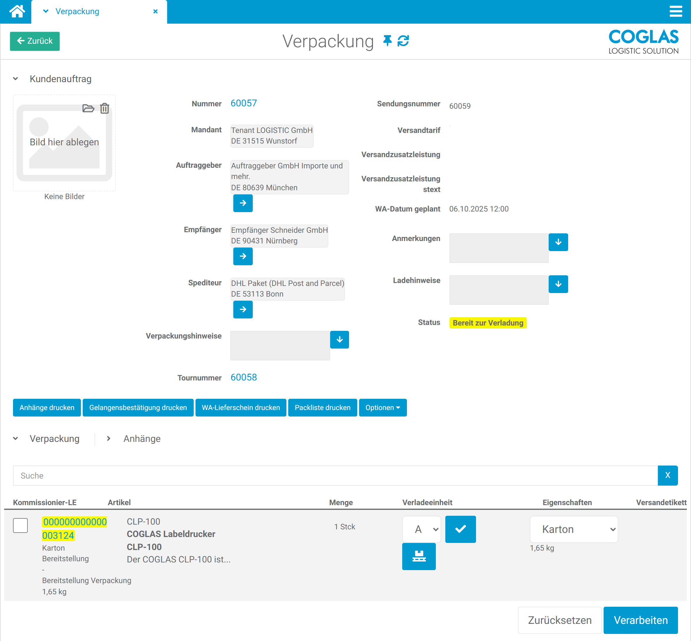 COGLAS WEB WMS Versand und Verpackung: Packvorgang, Etiketten und Carrier-Übergabe