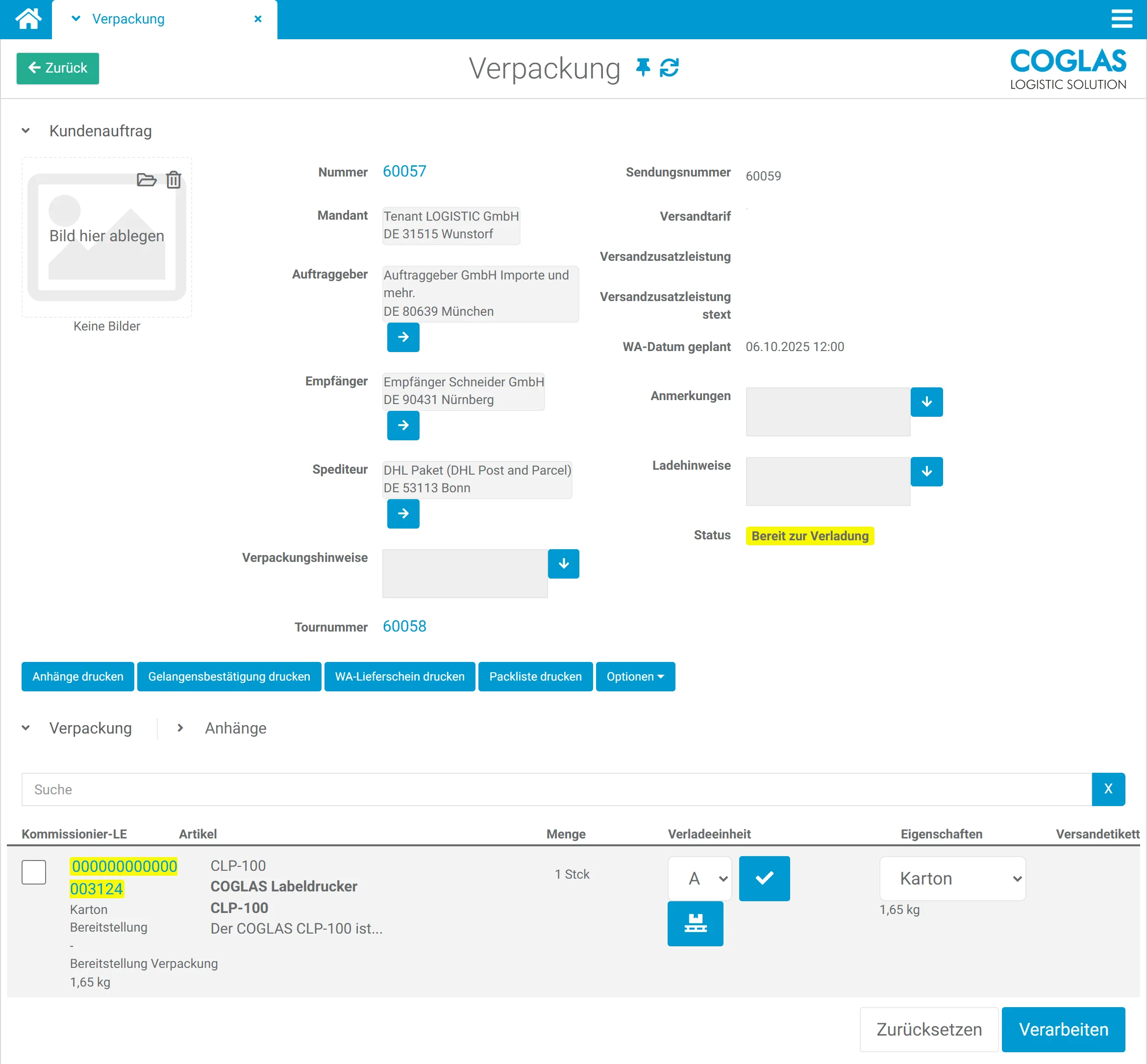 COGLAS WEB WMS Versand: Warenausgang mit Versanddokumenten und Carrier-Anbindung