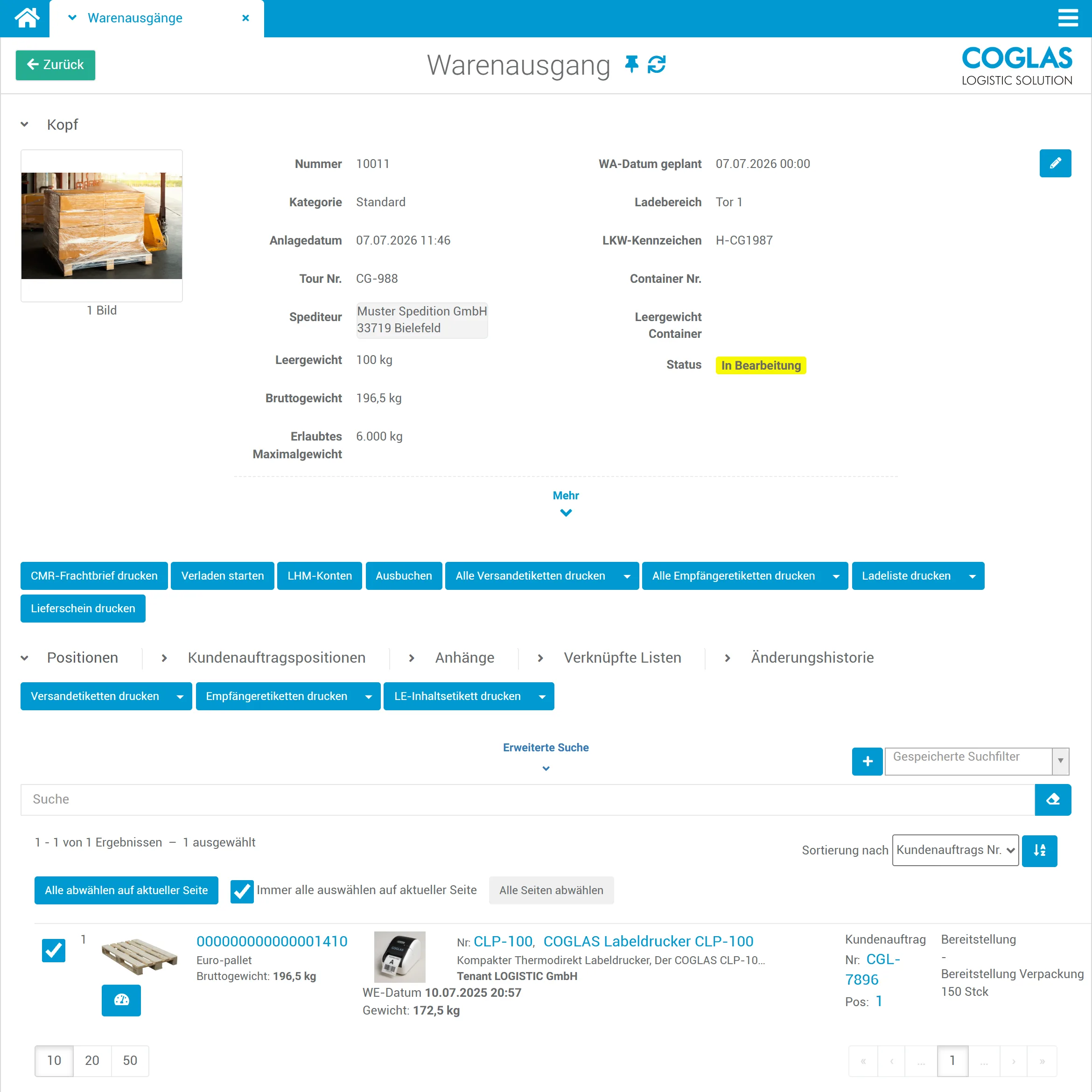 COGLAS WEB WMS Warenausgang: Kopfdaten, Positionen und Versandvorbereitung im Cockpit