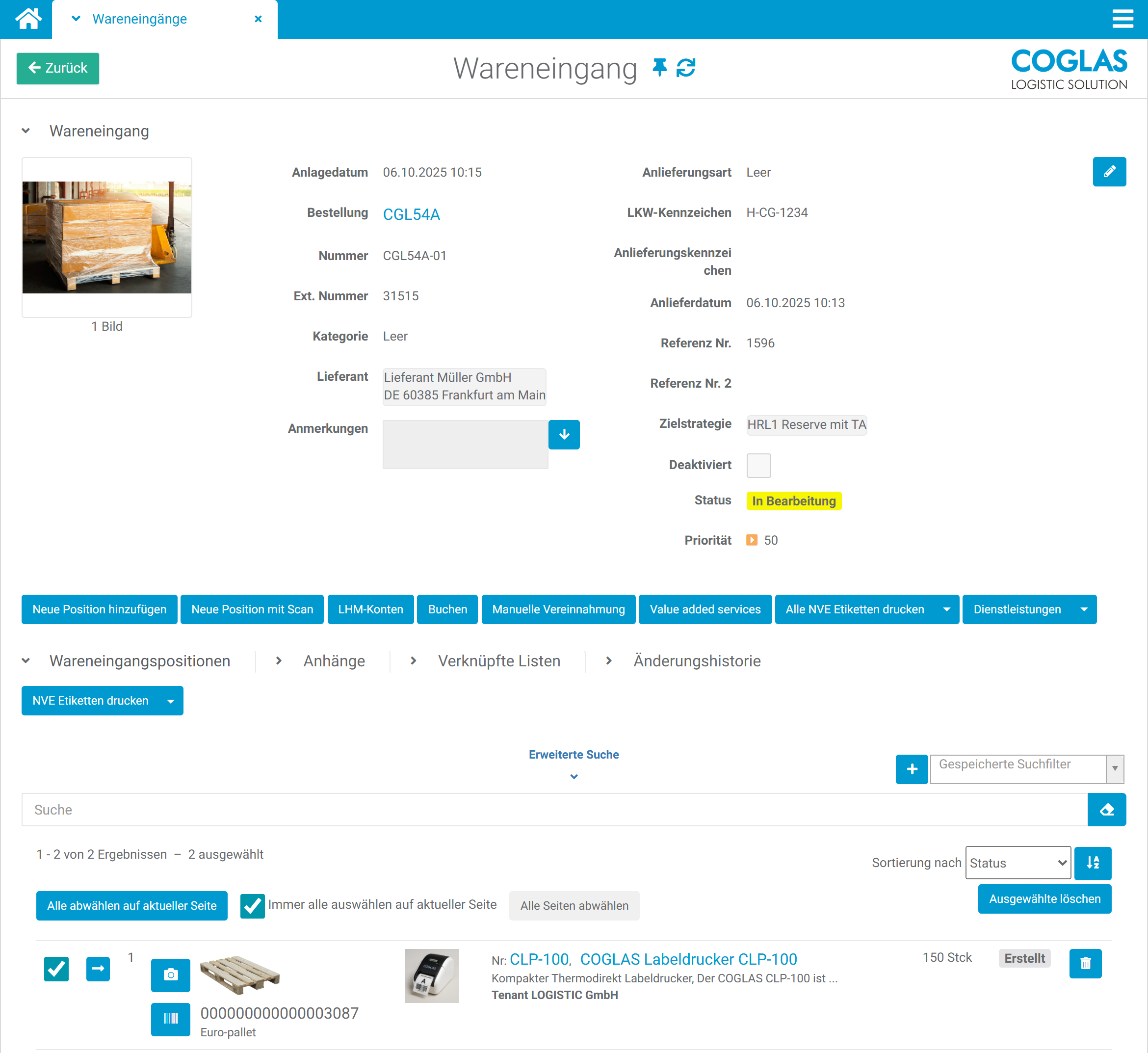 COGLAS WEB WMS Wareneingang: Avis, Lieferschein, Prüfung und Einlagerung im Cockpit