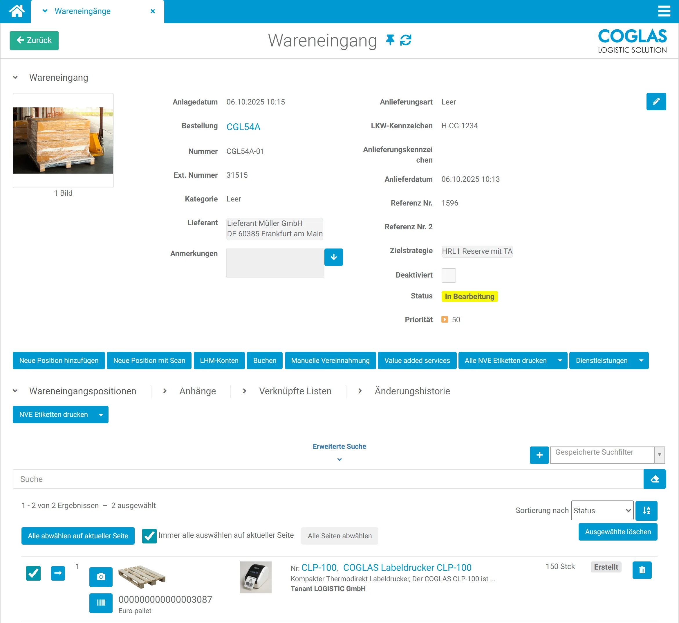 COGLAS WEB WMS Wareneingang: Liste der Wareneingänge mit Lieferschein, Bestellung und Mandant