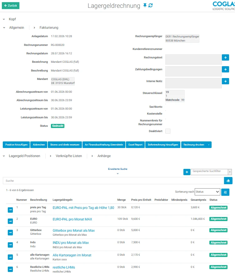 Lagergeldrechnung in Billing & Contract mit Positionen aus den Lagergeldregeln