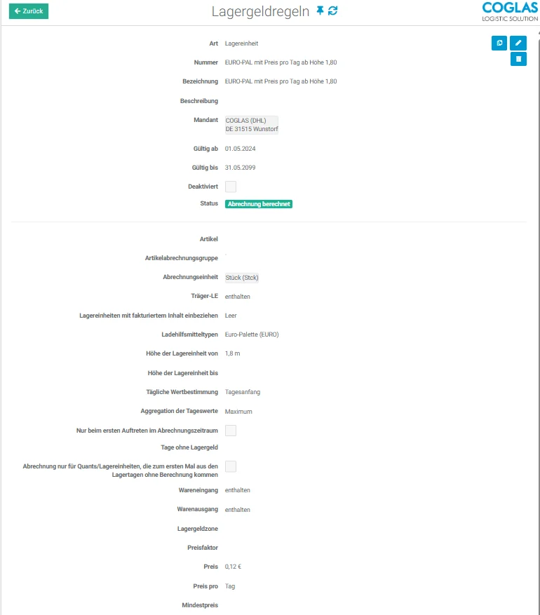 Lagergeldregel in Billing & Contract: Euro-Palette ab 1,80 m Höhe mit Preis pro Tag