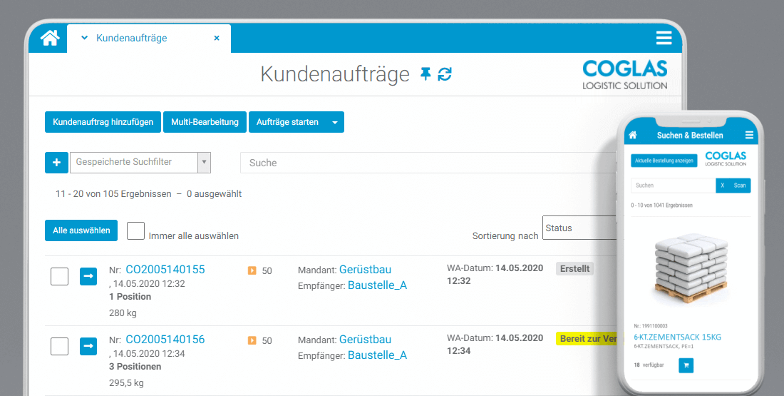 COGLAS WEB WMS - Kundenaufträge auf Notebook und Smartphone