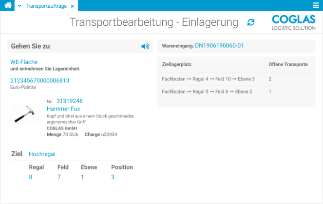 Lagerverwaltungssystem_Transport COGLAS WEB WMS - Bearbeitung Transportaufträge