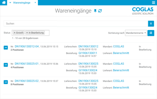 COGLAS WEB WMS - Wareneingänge