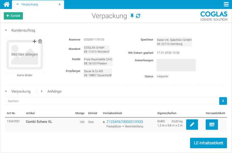 COGLAS Laververwaltungssystem Verpackung Versand im WEB WMS