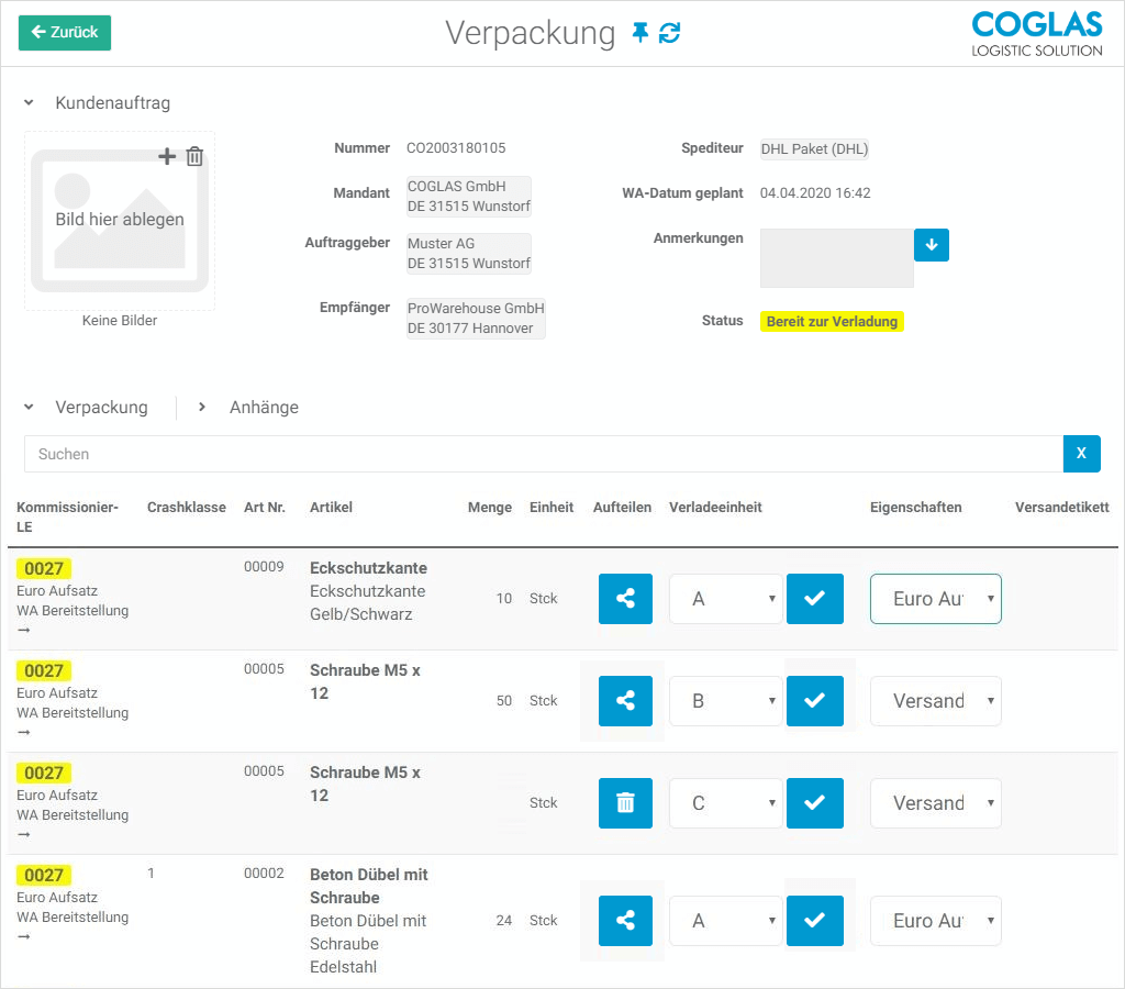 COGLAS WEB WMS Verpackung Versand Menü