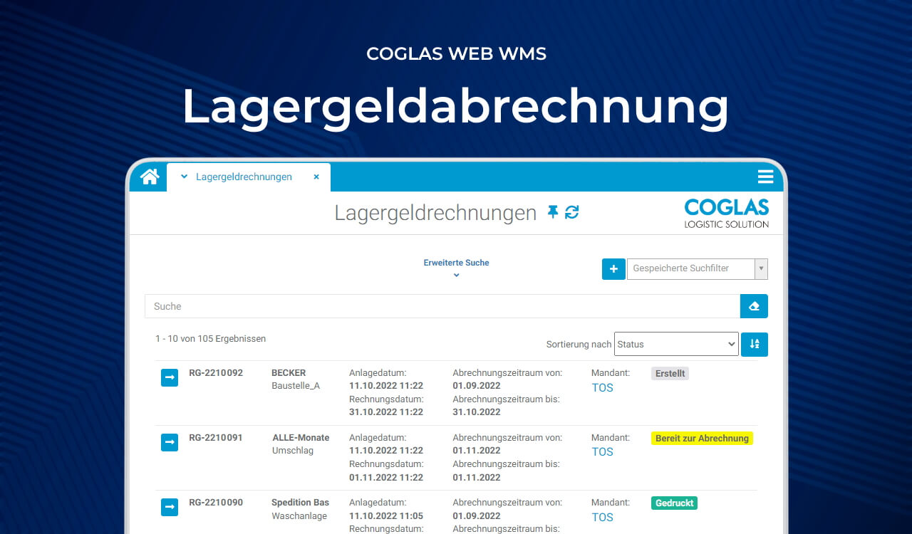 Übersicht der Lagergeldrechnungen im COGLAS Lagerverwaltungssystem